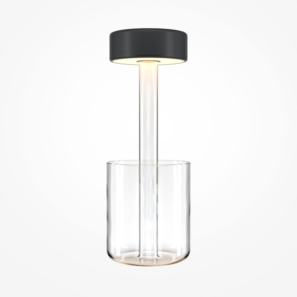 The AI Collaboration LED Table Lamp features a cylinder base, black circular top, and rechargeable LED light emitting a warm glow through a transparent glass tube, against a white background.