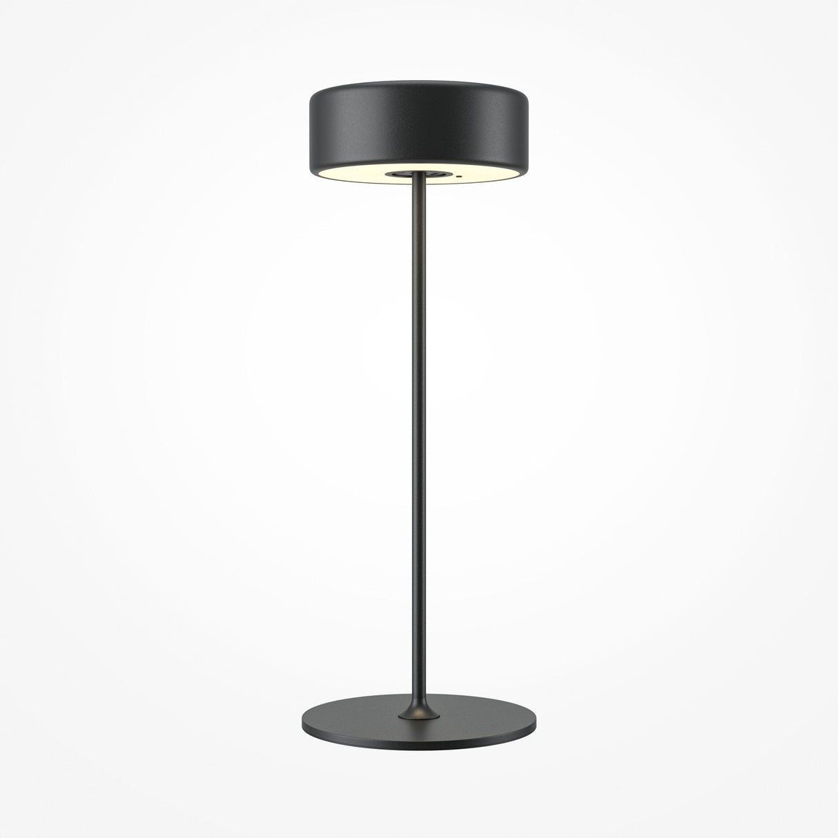 The AI Collaboration Rechargeable LED Table Lamp, in black, features a sleek cylindrical shade and slim straight stand, offering a contemporary design against a plain white background.