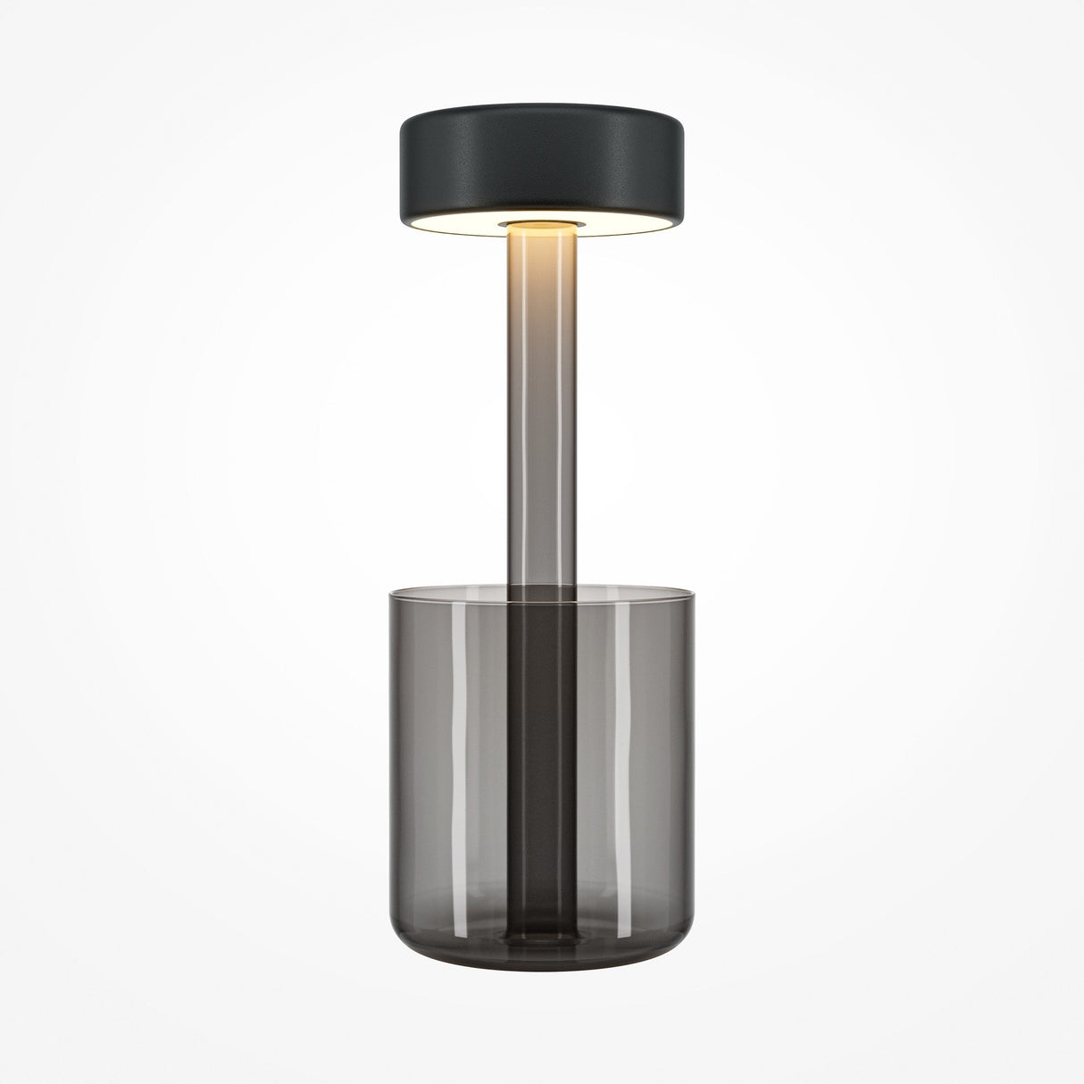 The AI Collaboration Rechargeable LED Table Lamp features a smoked glass vase-style base, cylindrical design, and a flat round black shade. Its translucent stem provides soft, warm light and enhances its minimalist elegance against plain backgrounds.