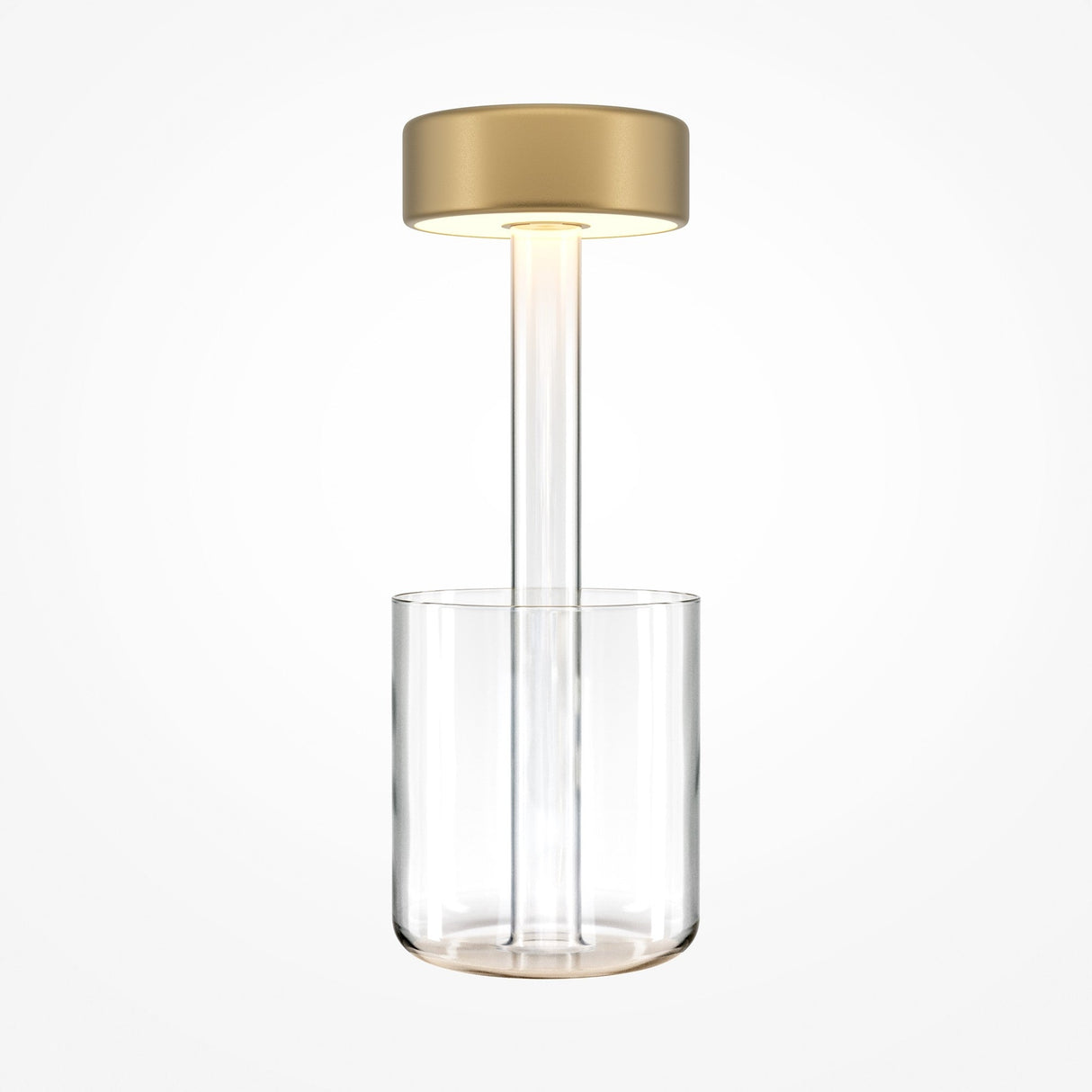 The AI Collaboration Rechargeable LED Table Lamp features a modern, minimalistic design with a transparent cylindrical base and a gold disc top. A clear rod connects the base to the shade, allowing soft light to illuminate its structure against a white background.