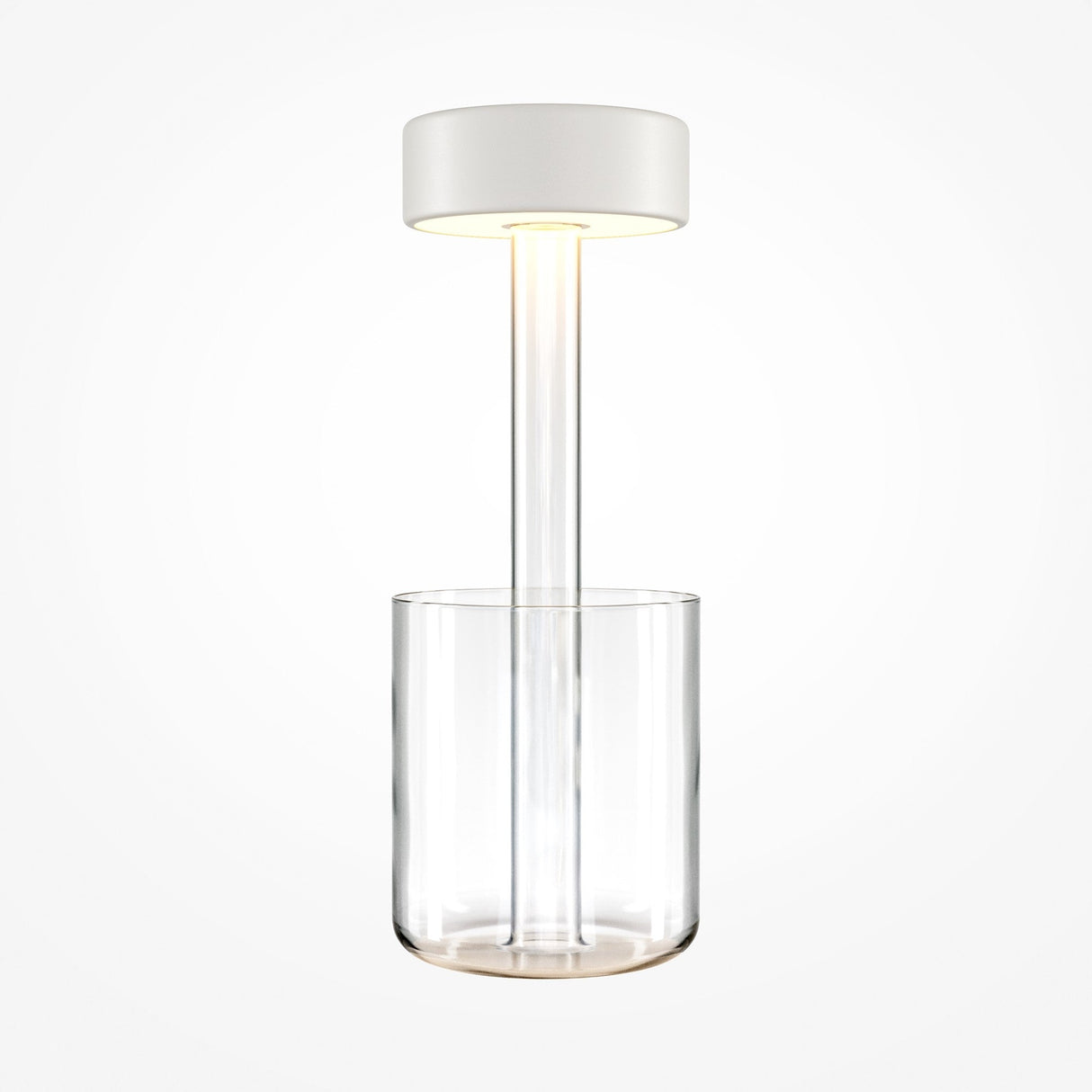 The AI Collaboration Rechargeable LED Table Lamp features a minimalist design with a cylindrical glass base and circular white top, offering a rechargeable LED light source that casts a soft, warm glow through its central clear column.