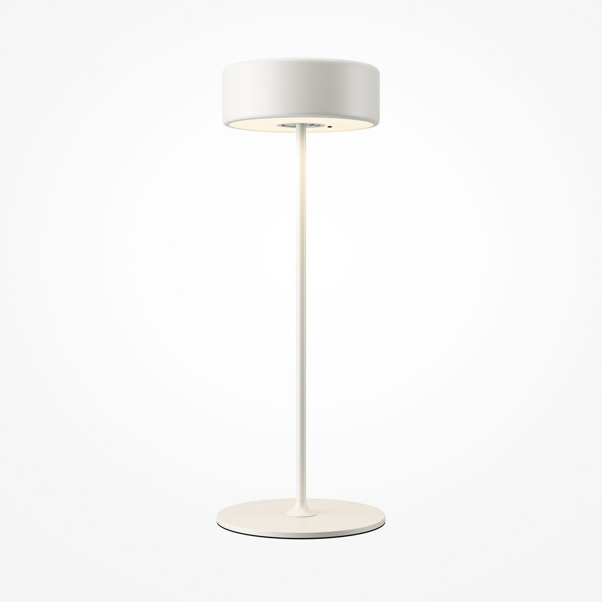 The AI Collaboration Rechargeable LED Table Lamp in white features a sleek, modern design with a round base and cylindrical shade. This eco-friendly lamp offers minimalist aesthetics, emitting soft ambient light that suits any contemporary setting perfectly.