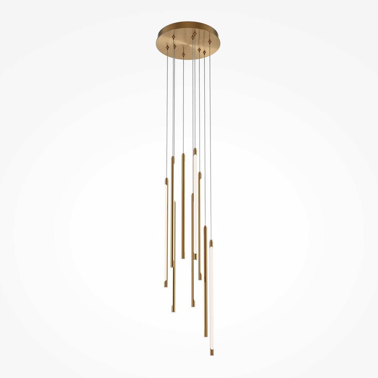 The Light Stick LED Dimmable Pendant - Brass features a sleek, minimal design with a round base and thin vertical rods of varying lengths. It fits perfectly in modern interiors, enhancing the brass finish against a white background for contemporary elegance.