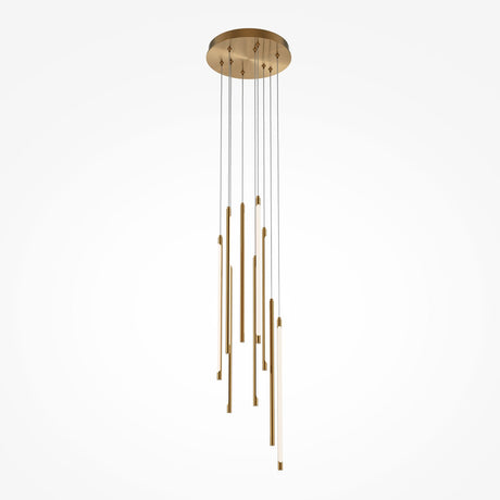 The Light Stick LED Dimmable Pendant - Brass features a sleek, minimal design with a round base and thin vertical rods of varying lengths. It fits perfectly in modern interiors, enhancing the brass finish against a white background for contemporary elegance.