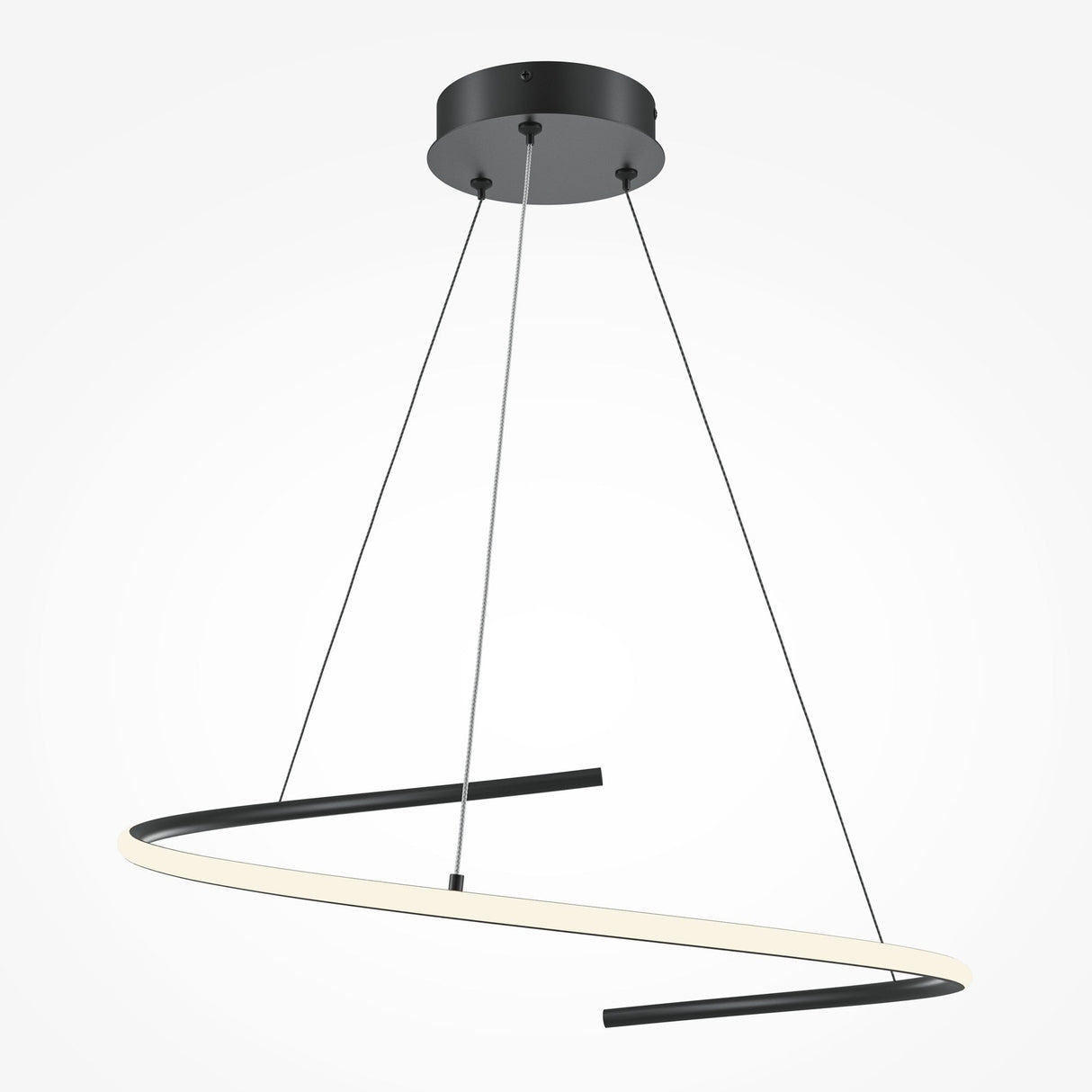 The Curve LED Dimmable Spiral Suspension Light - Black features a sleek curved design with a black circular ceiling mount, supported by four thin cables. Its elongated illuminated strip forms an elegant wave shape, offering adjustable color temperature for the perfect ambiance.