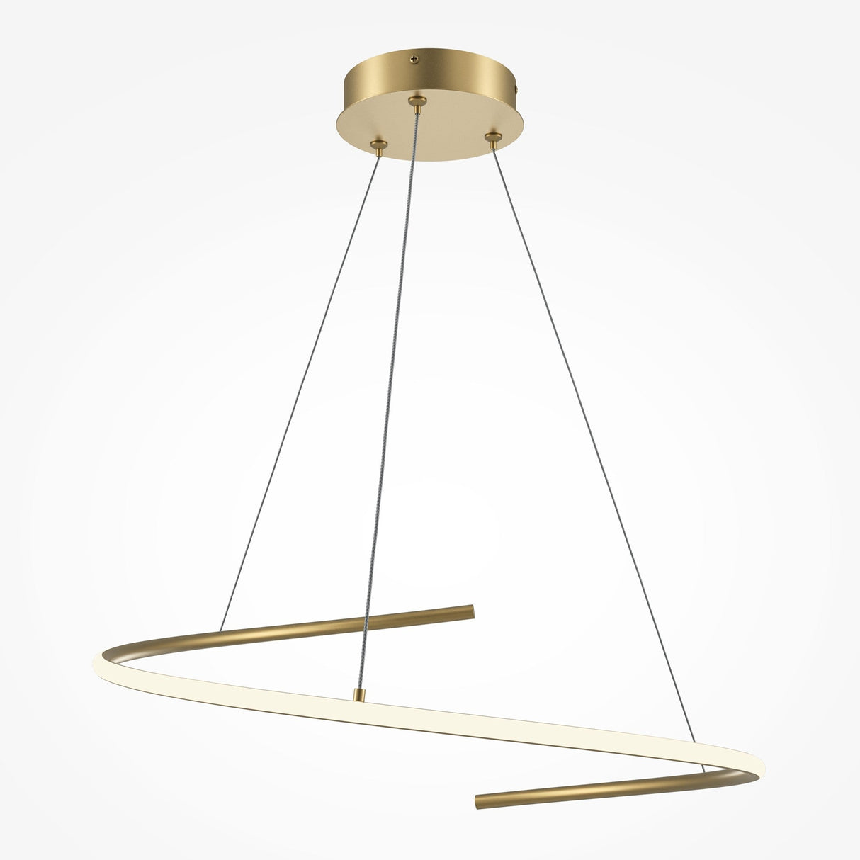 Introducing the Curve LED Dimmable Spiral Suspension Light in Brass. Its slim, curved design hangs from four black cords, perfect for modern interiors with adjustable color temperature for versatile lighting.