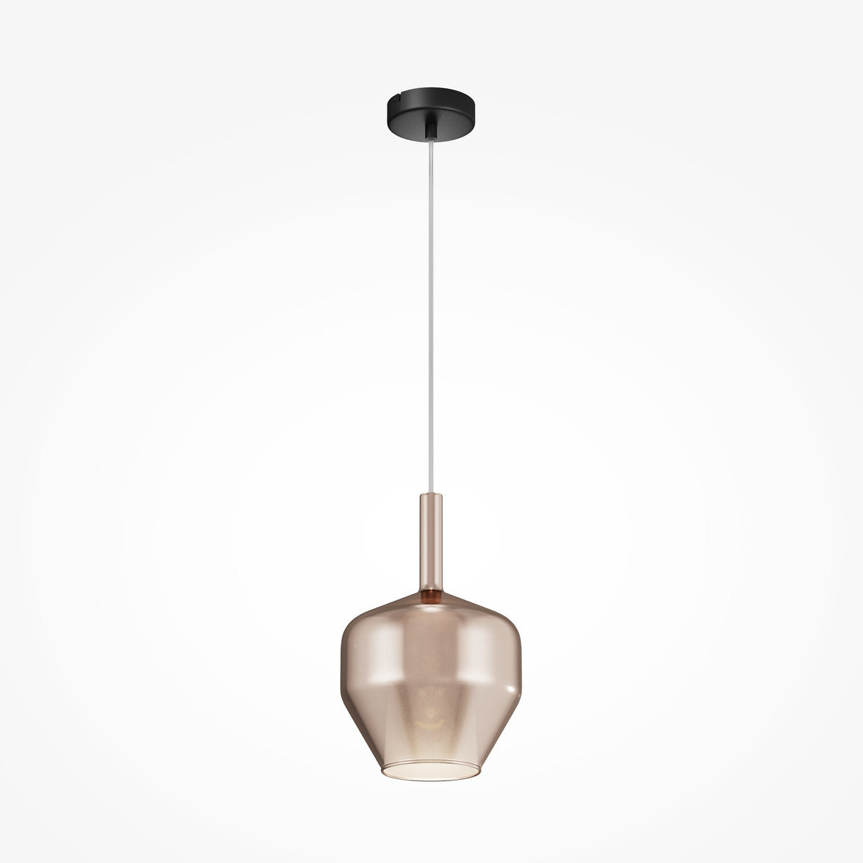 The Duality Round Pendant Light features a mirrored gold glass shade with a sleek, modern design. It hangs from a black ceiling mount and is suspended by a thin, white cord.