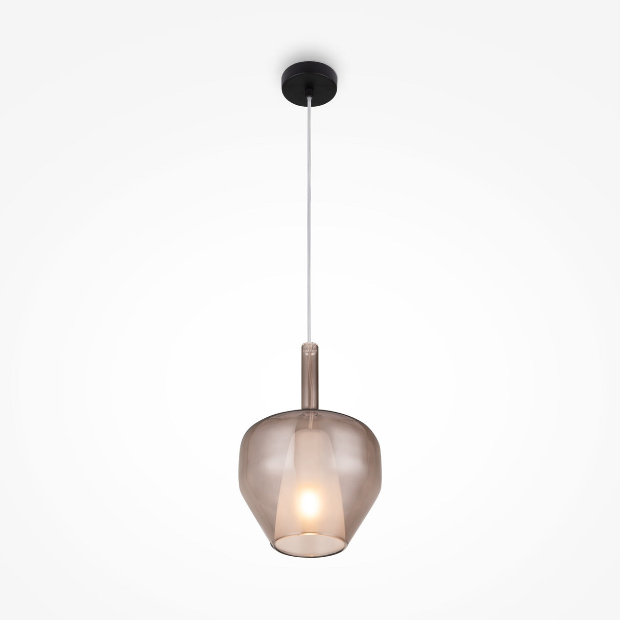 The Duality Round Pendant Light features a Noble Coffee glass shade with a visible bulb, suspended by a thin white cord from a black ceiling mount, embodying modern industrial lighting against a plain white backdrop.