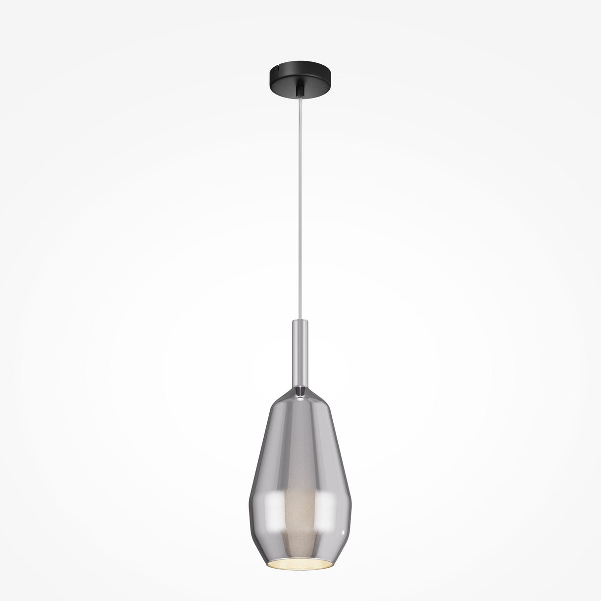 Presenting the Duality Teardrop Pendant Light - Black, featuring a modern industrial design with a sleek metallic finish and smoky grey glass shade. It hangs elegantly from a thin cord with a black ceiling mount, against a plain white background.