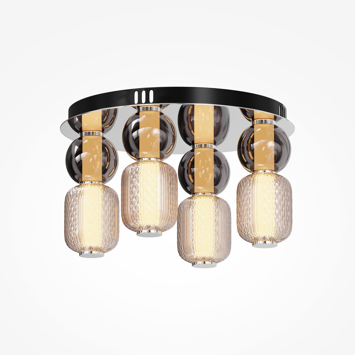 The Drop LED Flush Light 3000K - Chrome features four sleek cylindrical glass shades, diamond-textured for a warm glow. Ideal for contemporary settings, its modern design is enhanced by a glossy chrome circular base.