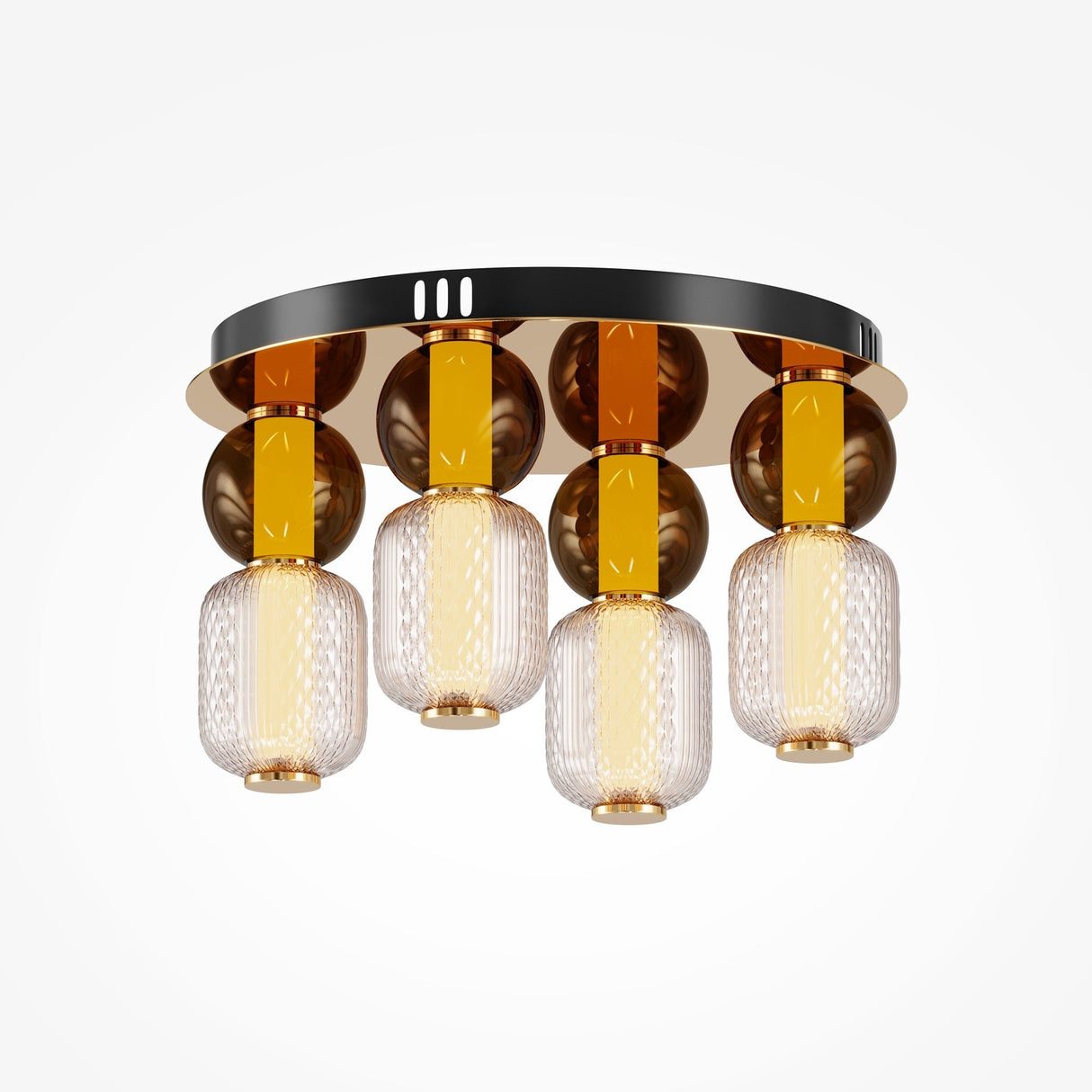 The Drop LED Flush Light 3000K - Gold is a modern ceiling fixture with a round black base and four textured glass pendant lights accented in gold, combining elegant style and energy efficiency to enhance any room.