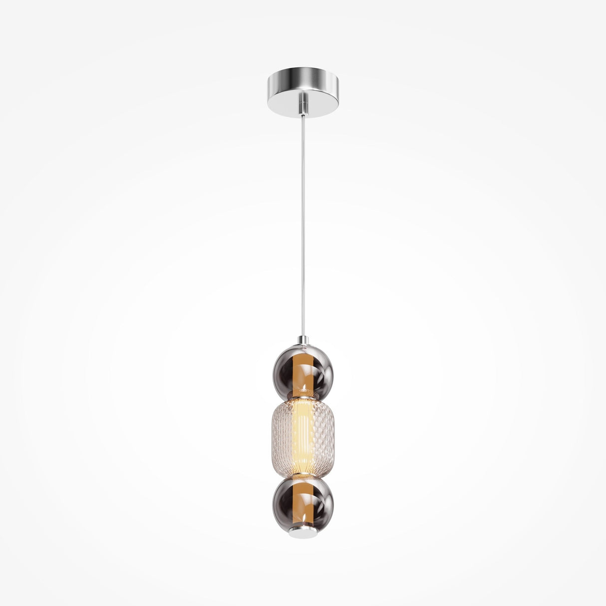 The Drop LED Pendant Light - Chrome features a central cylindrical bulb in a mesh cover, flanked by reflective metallic spheres, suspended by a thin wire. It brings modern elegance to any space with its chrome finish and contemporary design.