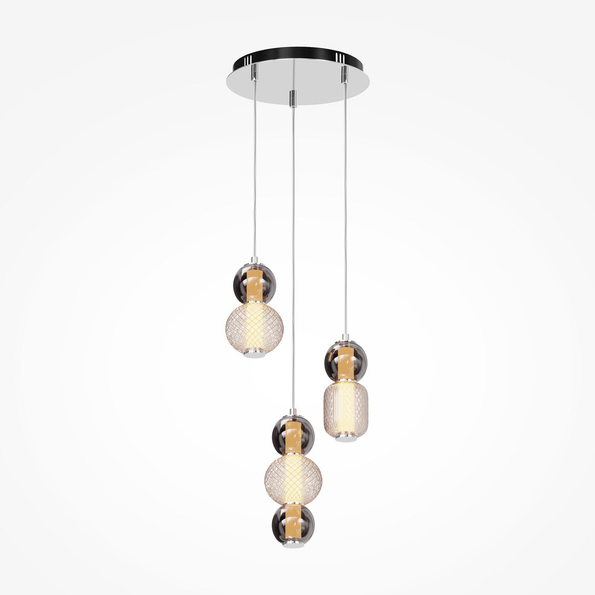 The Drop LED Cluster Pendant Light 33W 3000K - Chrome features an elegant round chrome mount with four adjustable lights. These include translucent textured glass shades, offering warm, energy-efficient illumination.