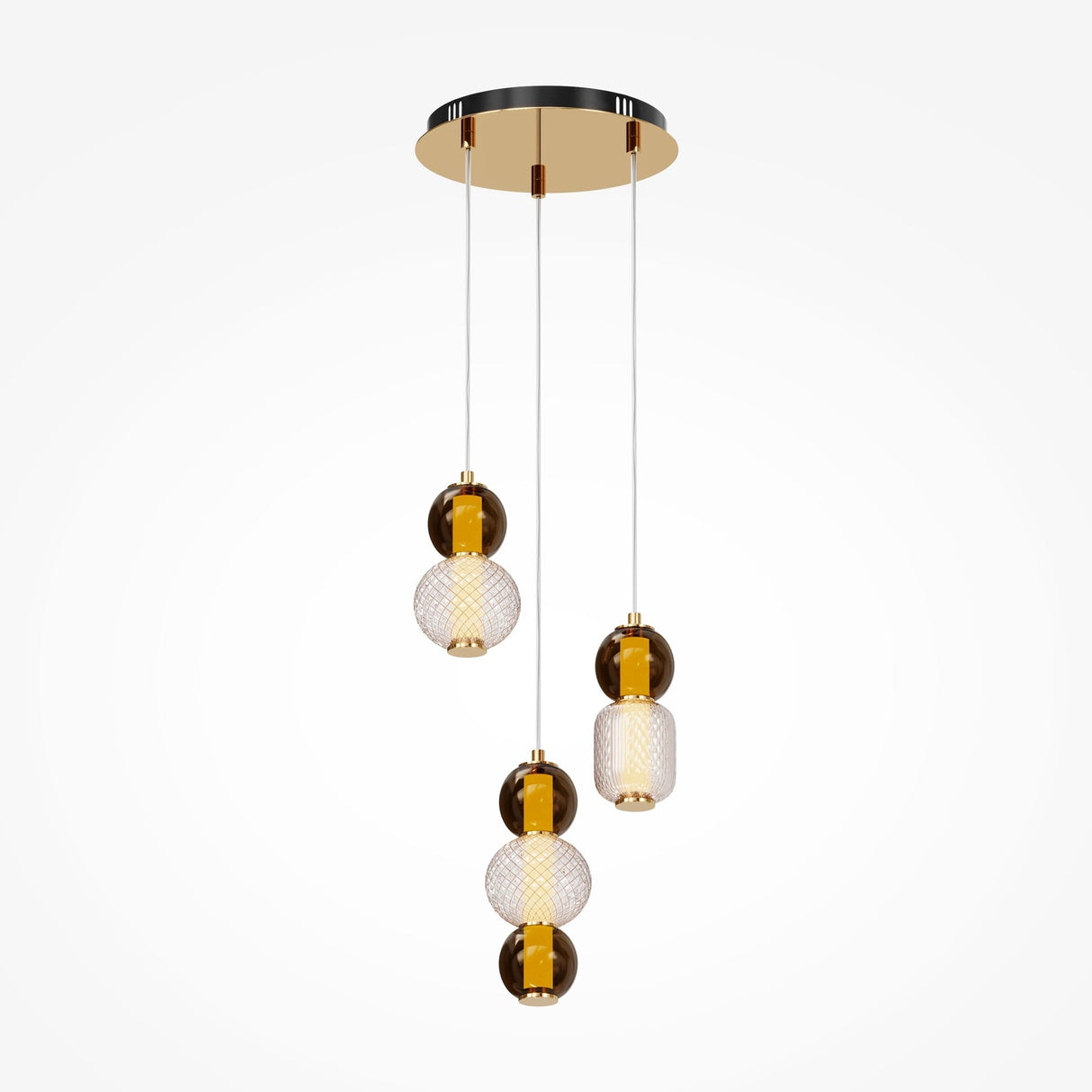 The Drop LED Cluster Pendant Light 33W 3000K - Gold features six glass spheres in clear and amber, hanging at different lengths from a black and gold circular mount for an energy-efficient, elegant modern design.
