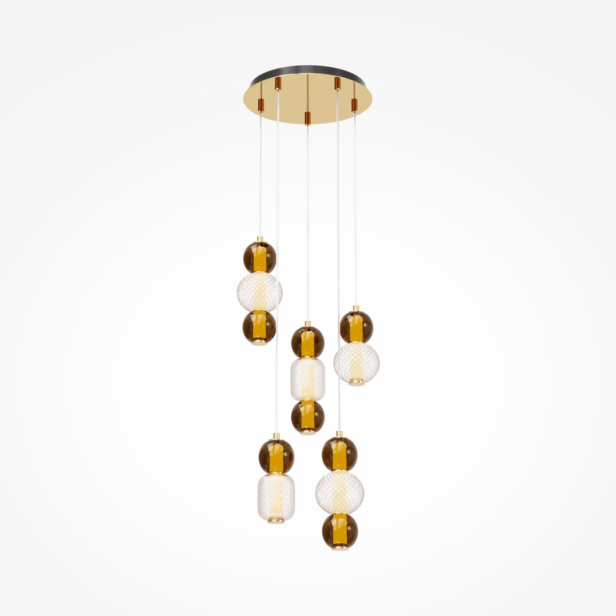 The Drop LED Cluster Pendant Light, 80W 3000K in Gold, features a modern circular metal frame with dangling bulbs encased in alternating clear and amber glass spheres. These energy-efficient bulbs hang at various heights, creating a striking cascading effect.