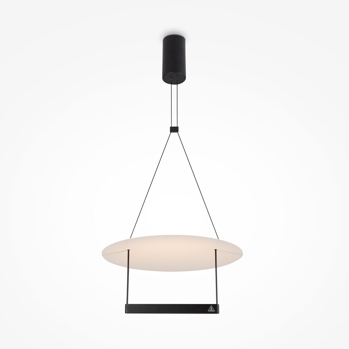 The Ambience LED Round Flat Small Pendant Light - Black features an energy-efficient, minimalist design with a glowing circular white shade and black cords from a cylindrical black ceiling mount, exuding modern elegance against a plain white background.