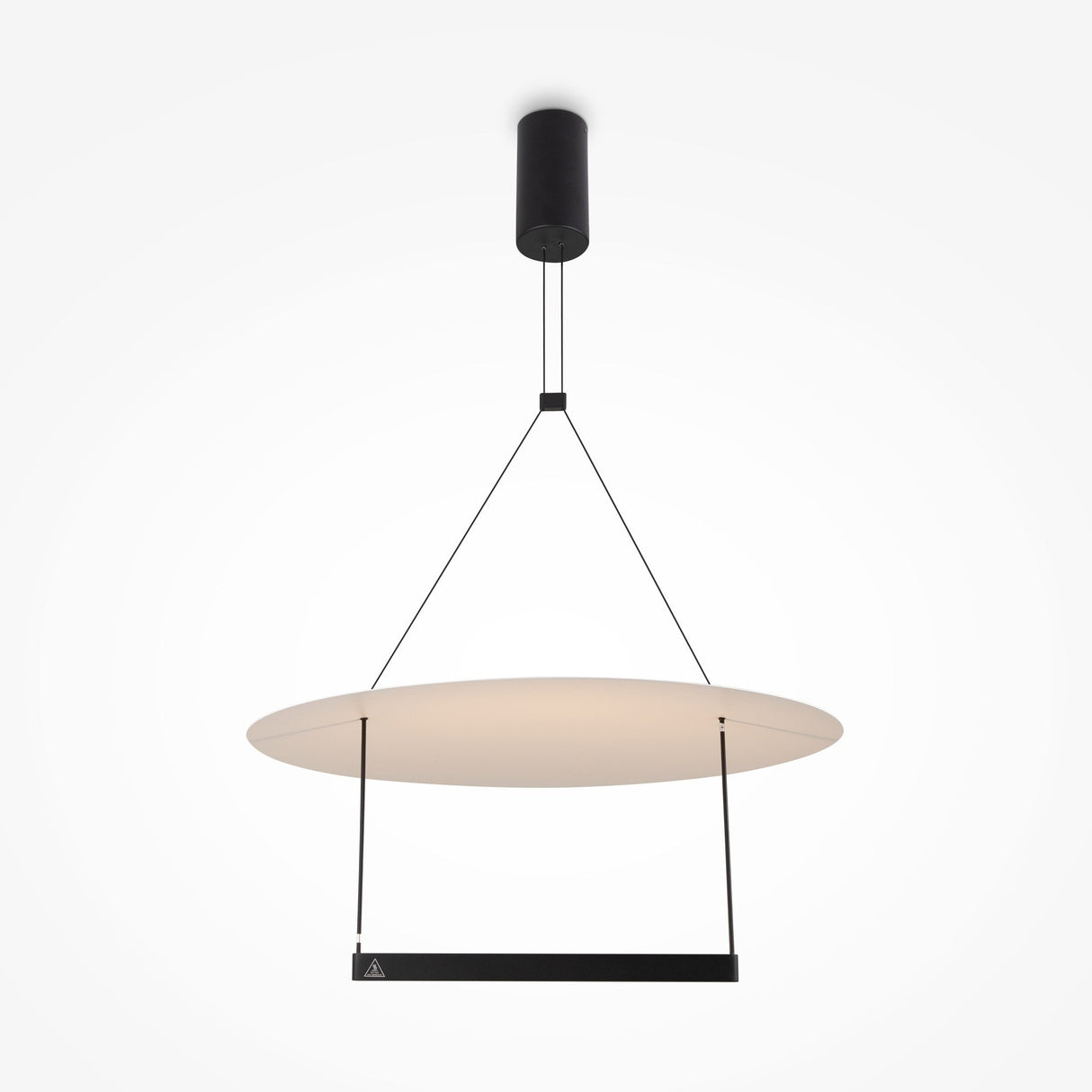The Ambience LED Round Flat Large Pendant Light in Black boasts a Japandi style with a sleek, large shade and thin cable suspension from a cylindrical ceiling mount. Featuring a linear LED bar beneath the shade, it offers a modern monochrome design.