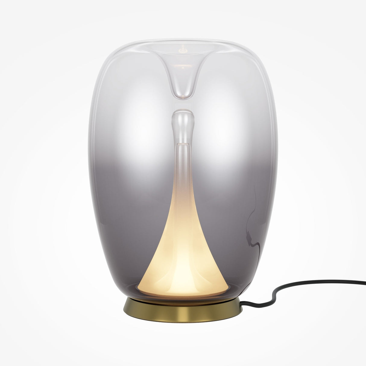 Introducing the Splash LED Table Lamp 3000K 9W - Gold With Smoked Ombre Glass: a modern masterpiece with a metallic base, emitting a warm yellow glow like a flame in its transparent shell—ideal for accent lighting. A sleek power cord elegantly extends from the base.