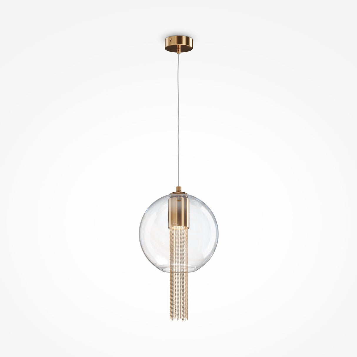The Flusso Long Chain Pendant Light features a clear glass ball with a brass fixture, complemented by vertically hanging thin bronze-finished chains for an elegant and contemporary design.