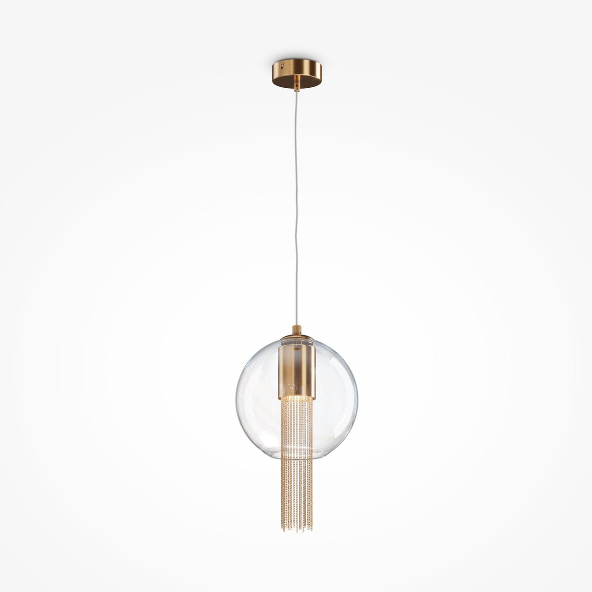 Introducing the Flusso Small Chain Pendant Light in bronze, featuring thin cables and a clear glass ball that encases metallic tassels for an ambient glow. It hangs elegantly from a gold mount against a white background, adding sophistication to any space.