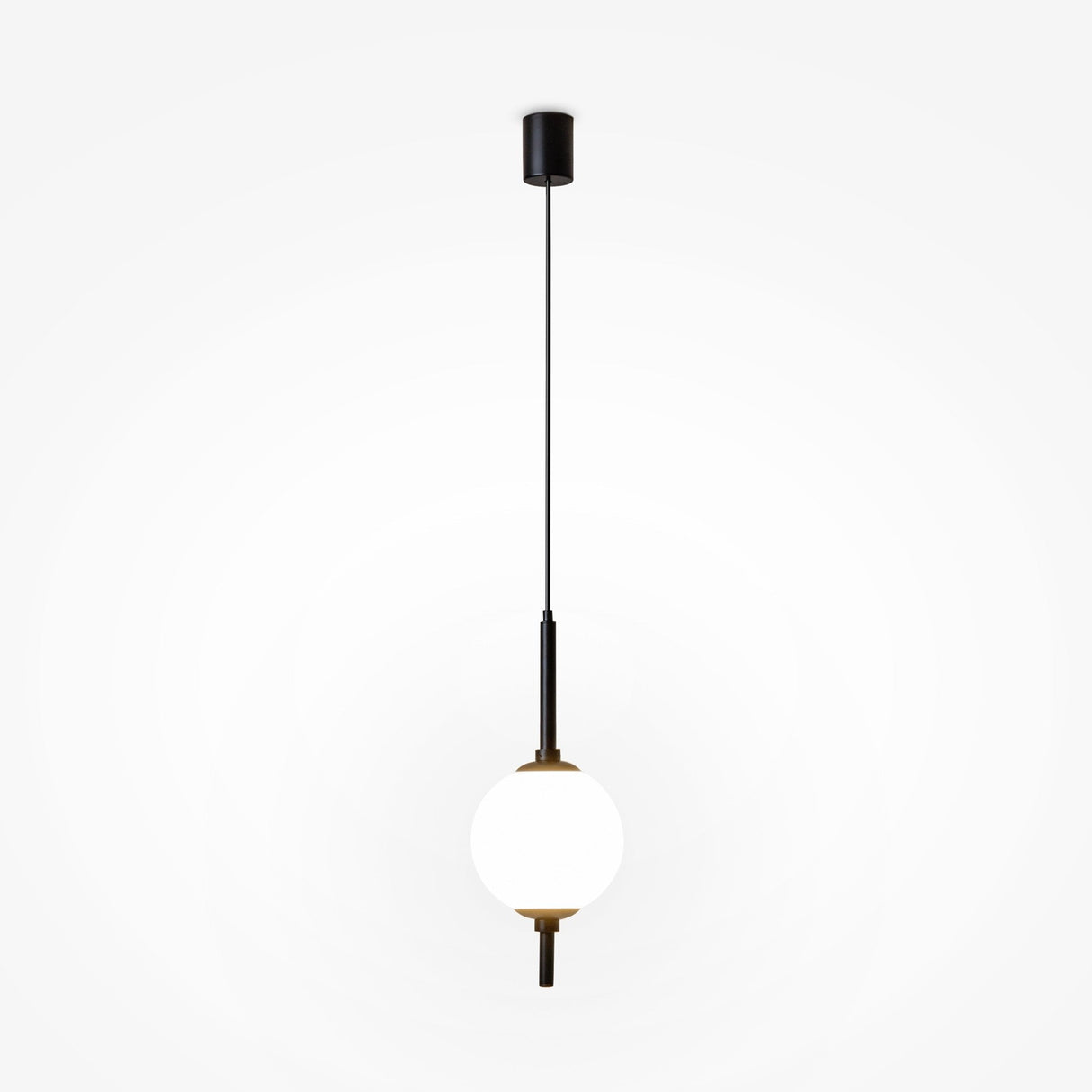The Sixth Sense LED Pendant Light boasts a minimalist design with a black metal rod and a white glass spherical bulb, elegantly suspended against a plain white background.