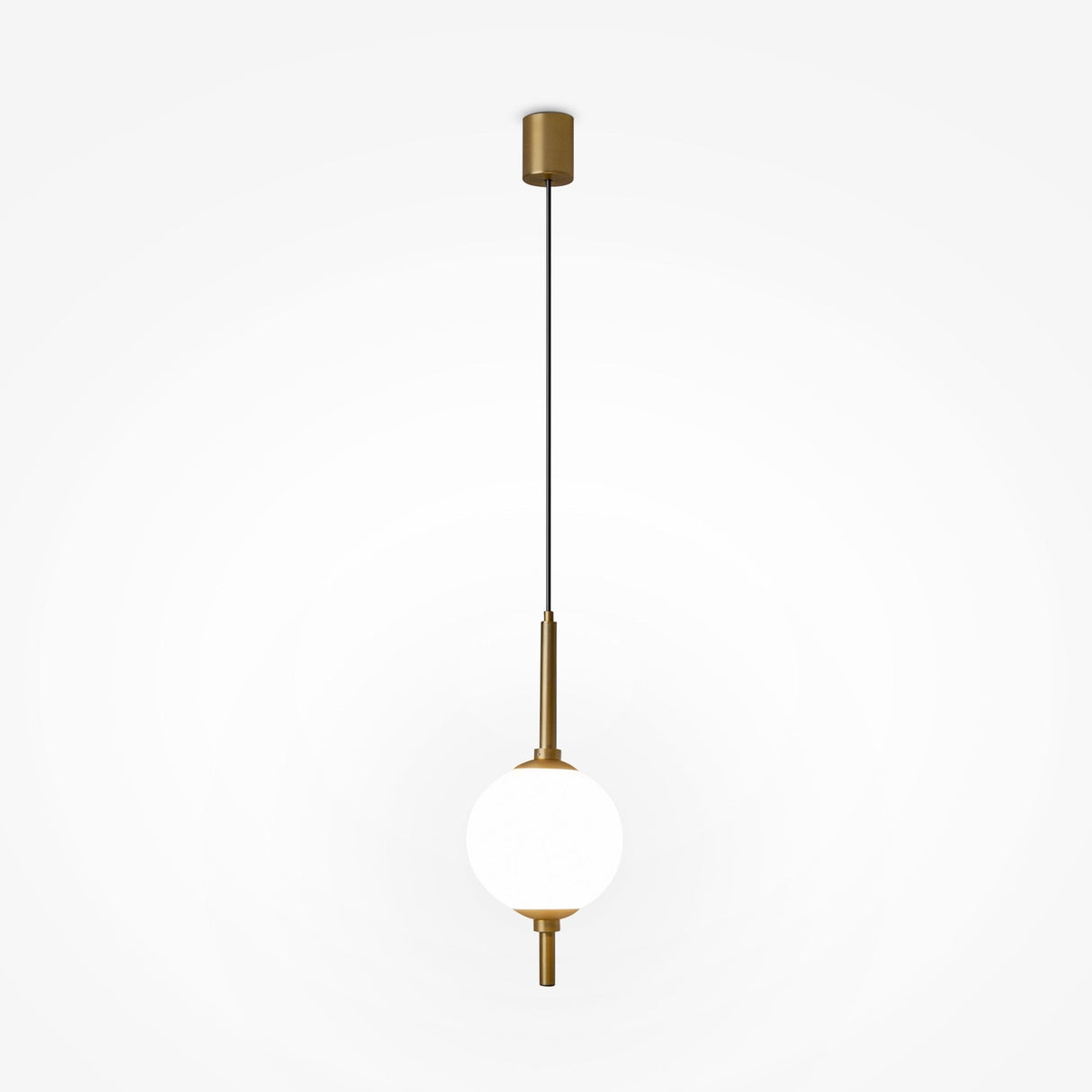 The Sixth Sense LED Pendant Light 3000K 7W showcases a modern design with a round white glass shade, metallic gold accents, and is suspended from a black cord with a brass finish ceiling mount.