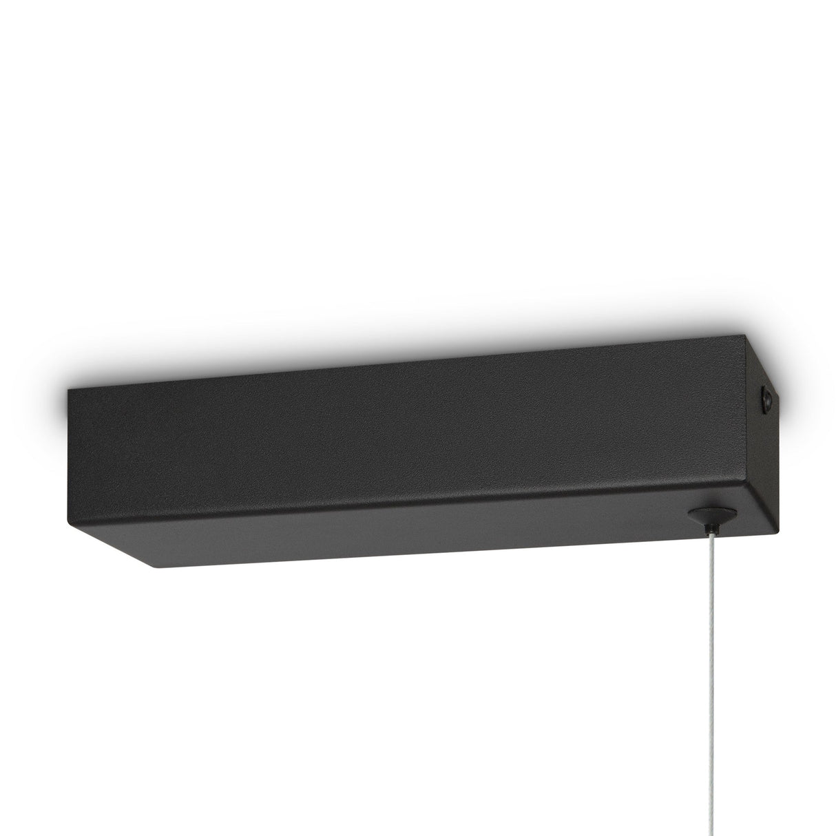 The Halo Dimmable LED Extra Long Linear Suspension Light 3000-4000K in black features a minimalist rectangular design with a thin pull cord for easy operation. It includes energy-efficient technology, a smooth uniform surface, and adjustable color temperature to enhance any ambiance.