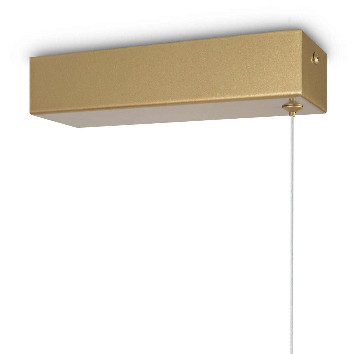The Halo Dimmable LED Extra Long Linear Suspension Light (2600-3500K) in brass is a rectangular ceiling-mounted fixture with a minimalist design, adjustable lighting, and a pull cord for easy control.