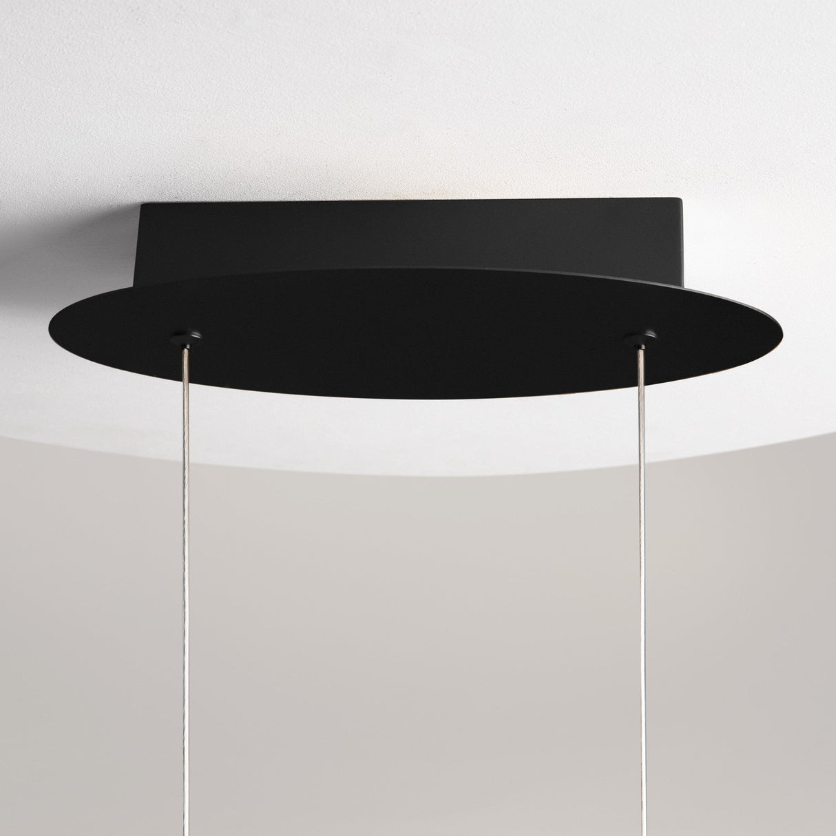 The Curve LED Loop Suspension Light - Black is a modern ceiling fixture featuring a flat circular design, suspended by two thin cables for an elegant, minimalist look. It attaches to a white ceiling and offers energy efficiency.