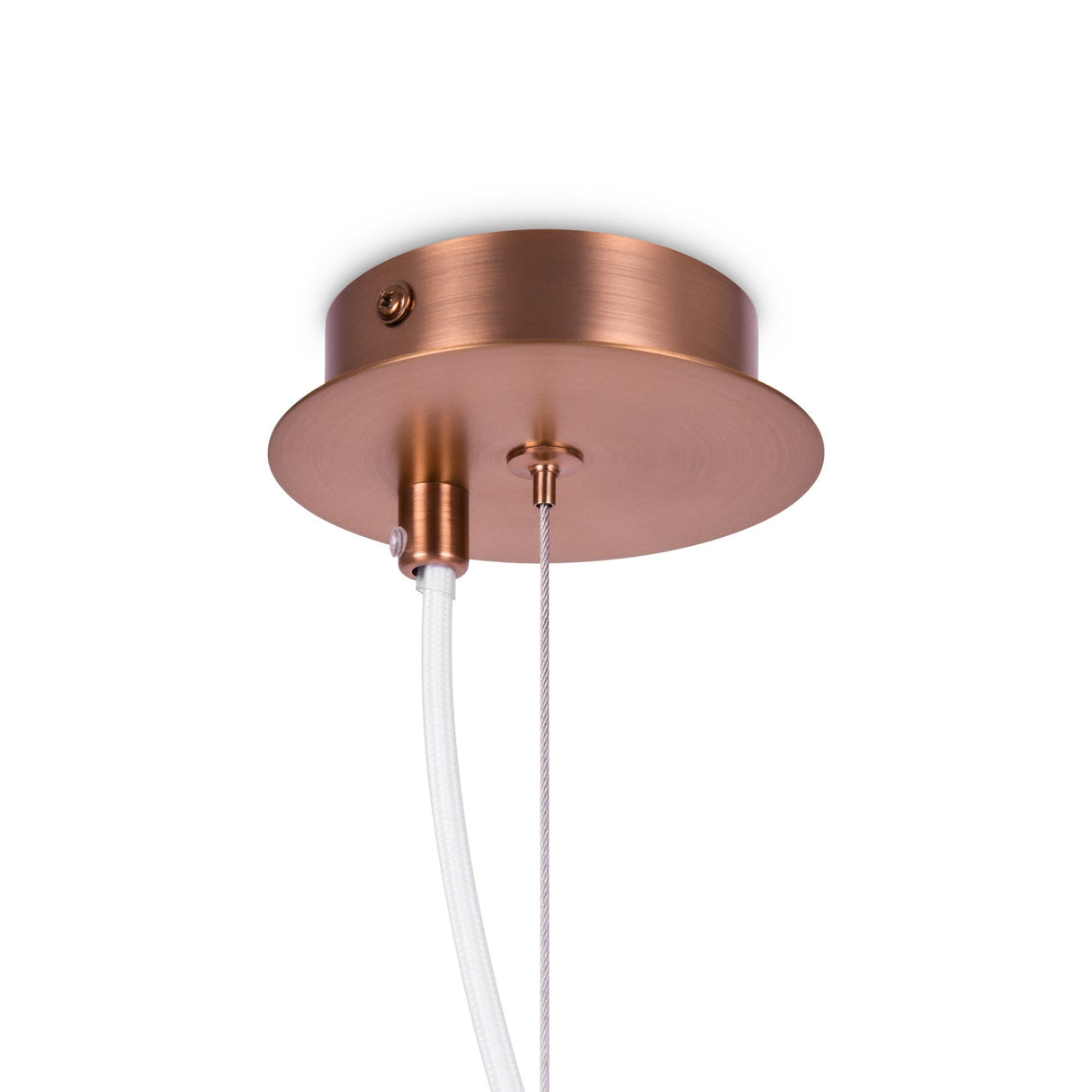 The Erich 1 Light Globe Pendant showcases modern lighting with a copper-colored fixture, sleek cylindrical base, and white cable. A thin metal wire elegantly connects the suspended brass light, featuring a smooth finish and a small visible screw on the side.