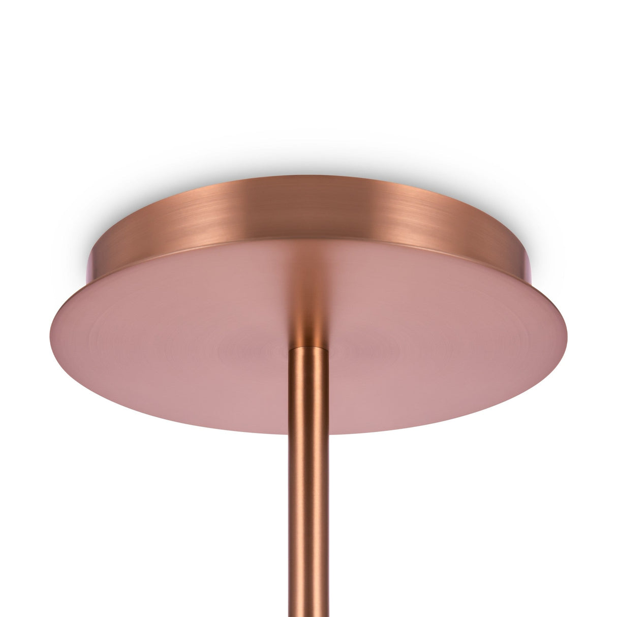 Close-up of the Erich 12 Light Chandelier featuring brass finish and white glass globes. The design includes a circular plate with a slender rod extending downward, embodying sleek contemporary luxury lighting.