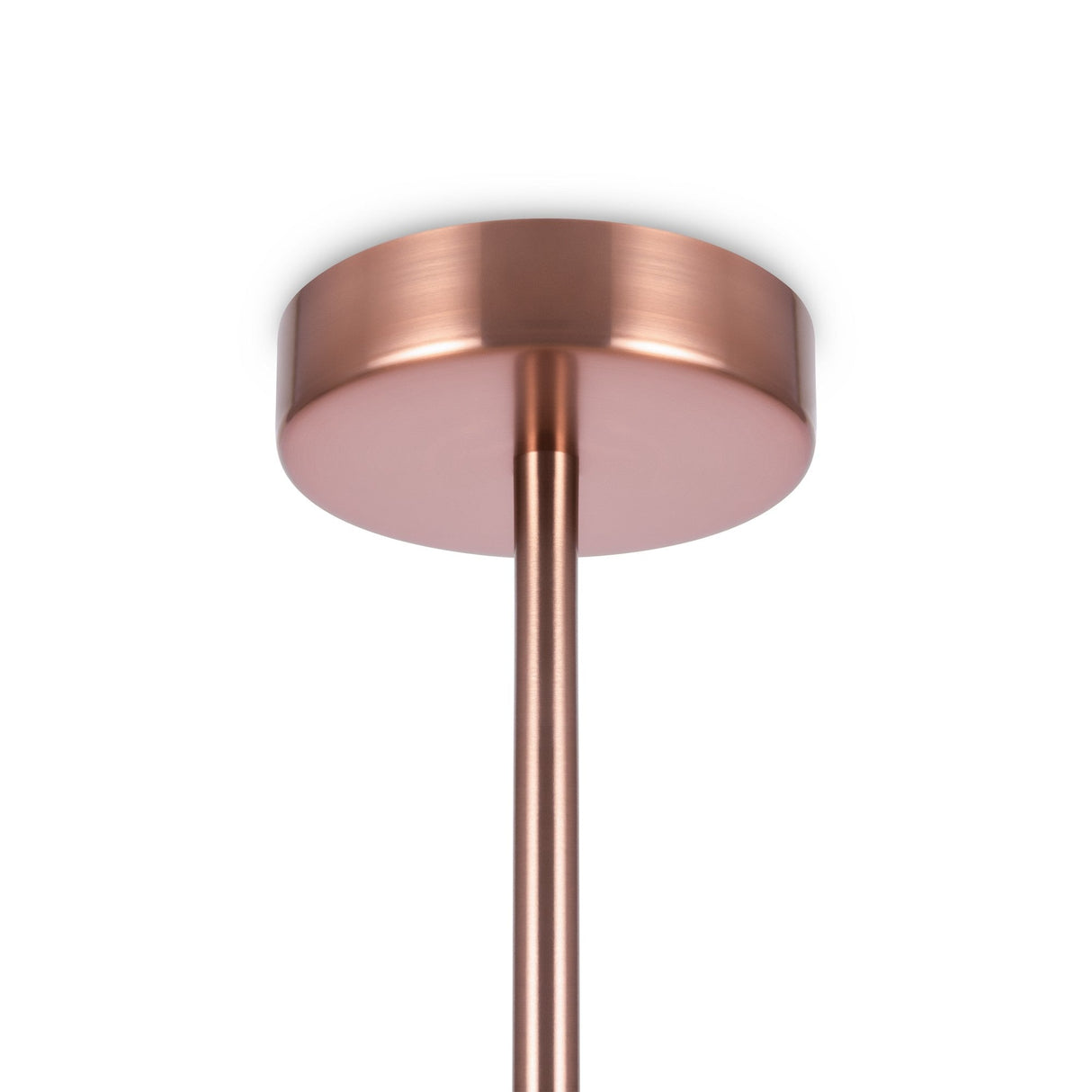 Close-up of the Erich 3 Light Suspension featuring a brass finish. The round base mounts to the ceiling, with an adjustable-height rod from the center, highlighting its white glass dome shades.