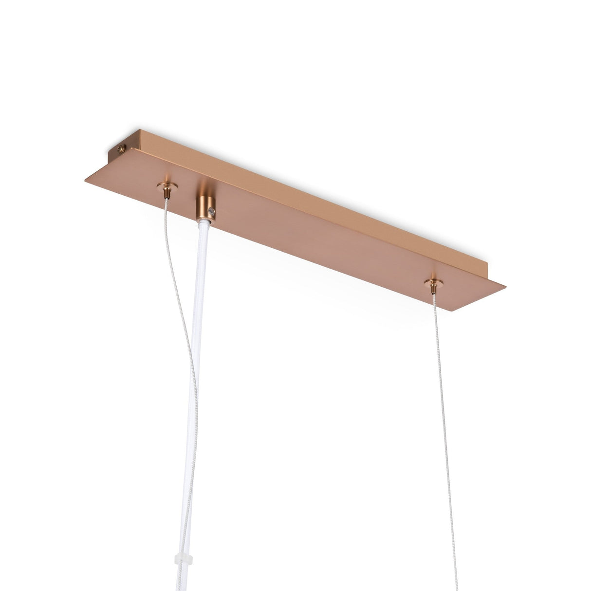 The Erich 5 Light Island Suspension (MOD221PL-05G) features a rectangular metallic canopy in a copper finish with two thin white cords for pendant light support. Its minimalist, modern design is ideal for kitchen island lighting and complements any space against a white background.