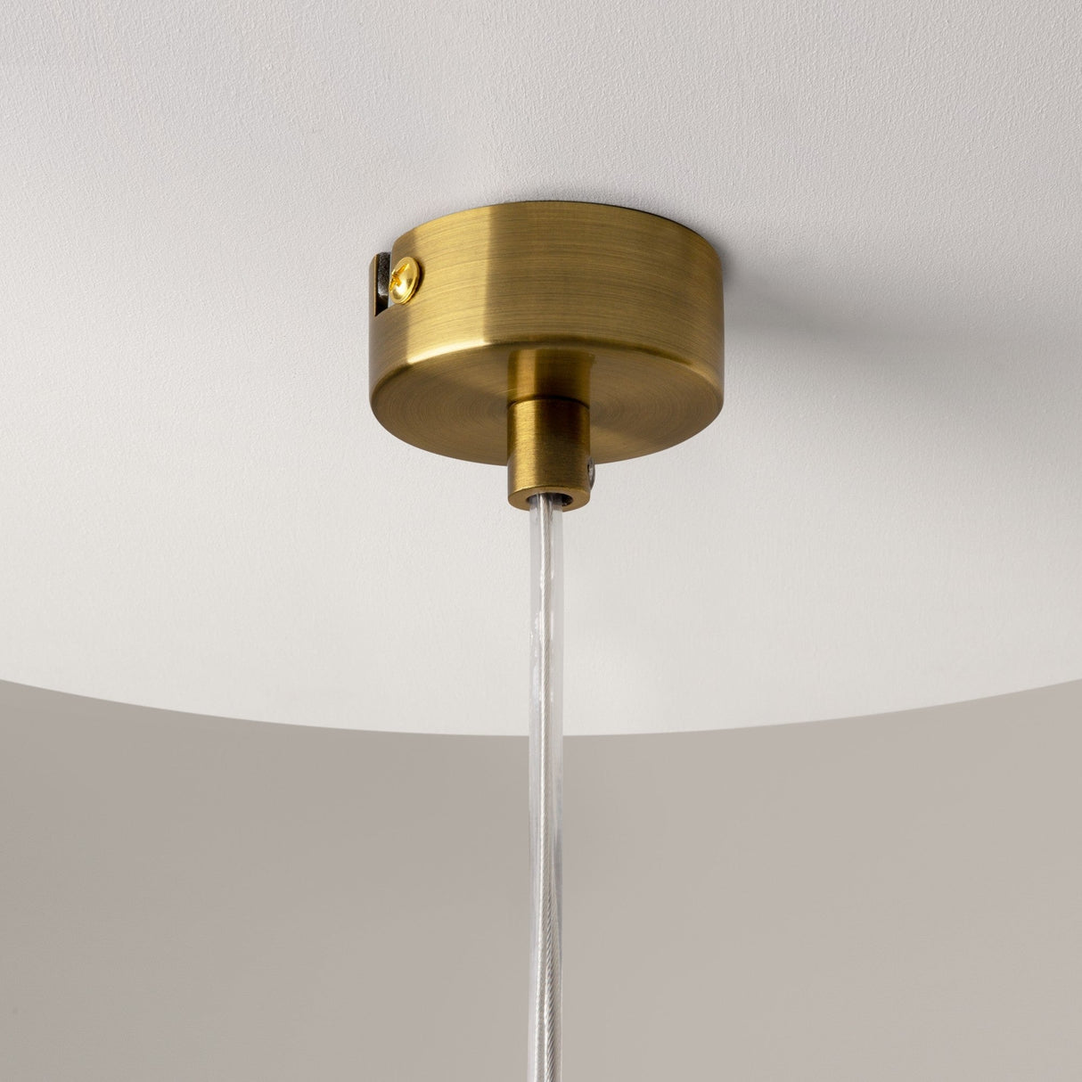 Close-up of the Ros 1 Light Pendant in brass, featuring a cylindrical design and clear glass shade. It has a transparent cable and is set against a white ceiling with a light gray wall.