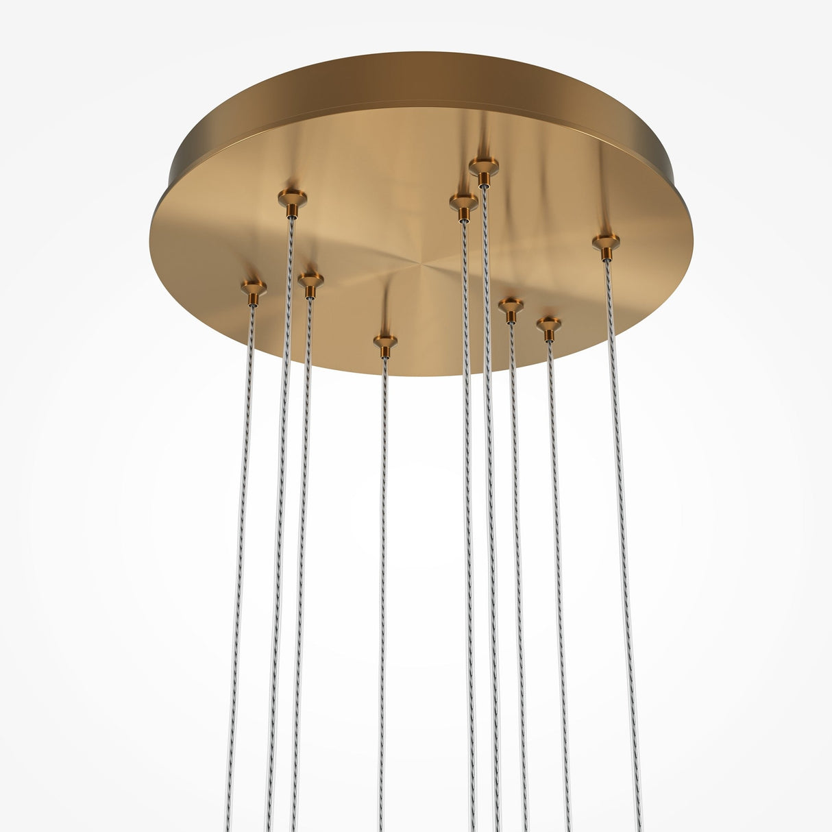 The Light Stick LED Dimmable Pendant - Brass features a circular gold chandelier with multiple thin brass cables elegantly attached to a sleek, reflective base. This modern fixture is perfect for enhancing contemporary interiors, showcasing its elegance against a plain white backdrop.