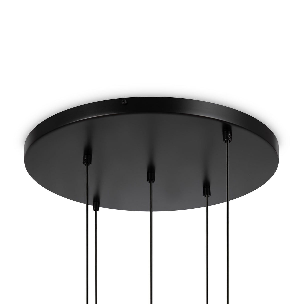 Viewed from below, the Basic Form 5 Light Cluster Pendant in black and white is a sleek, modern round ceiling fixture. It features several thin cables and black metal stems for an industrial design.