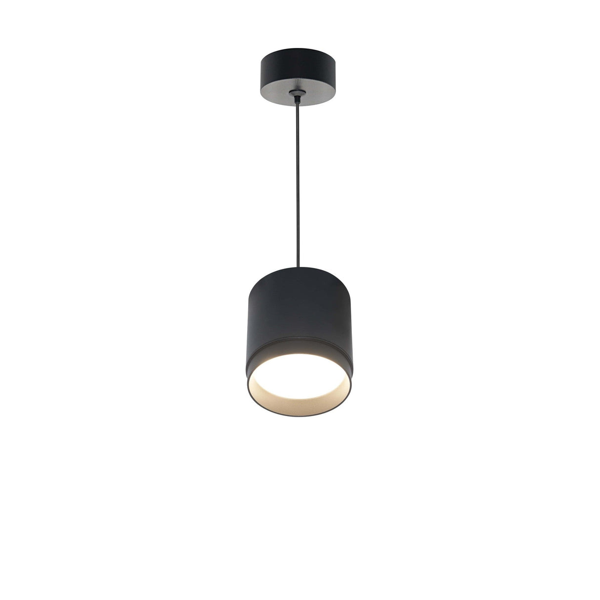 The Polar Short Round Pendant Light - Black boasts a contemporary design with a matte black finish. Its cylindrical shade and slender stem hang elegantly from the ceiling, softly lighting the space below.