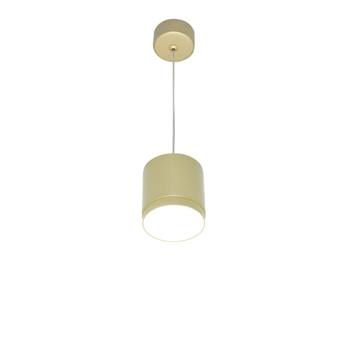 The Polar Short Round Pendant Light - Matte Gold, with its sleek and slightly reflective finish, hangs elegantly from the ceiling by a single cord against a plain white background, enhancing the modern appeal of any space.