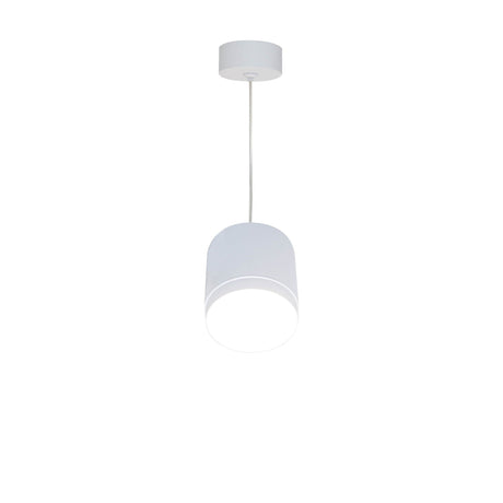 The Polar Short Round Pendant Light - White, ideal for modern interiors, hangs by a thin cord. Its cylindrical matte shade complements minimalist decor against a plain white background, highlighting the pieces simplicity and elegance in lighting design.