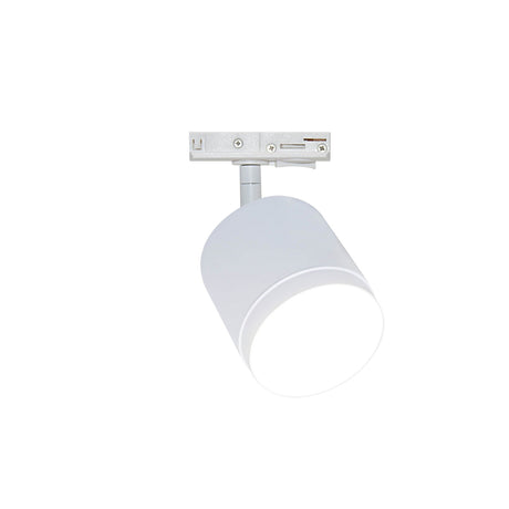 The Polar LED Single Phase Unity Track Spotlight in white is mounted on a white ceiling track, ideal for contemporary settings. Its pivoting arm and adjustable design make it perfect for accent lighting against a plain white background.