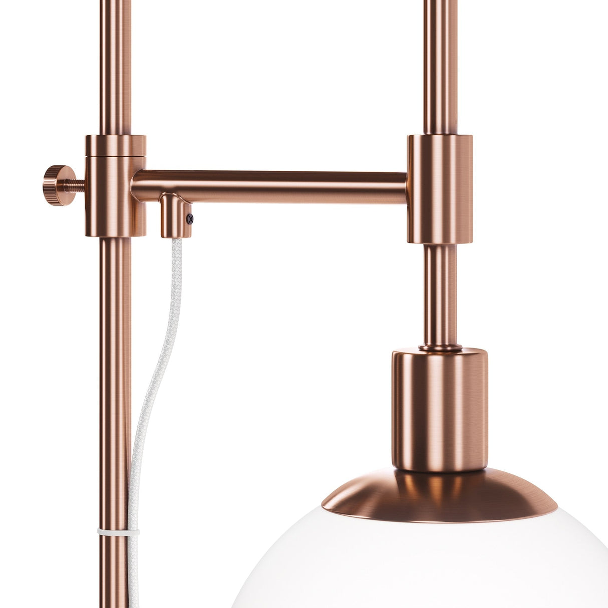 Meet the Erich Floor Lamp - Brass: a modern design featuring a copper frame, adjustable height, and white spherical lampshade. Its visible power cord and brass finish add minimalist elegance, making it ideal for any contemporary space.