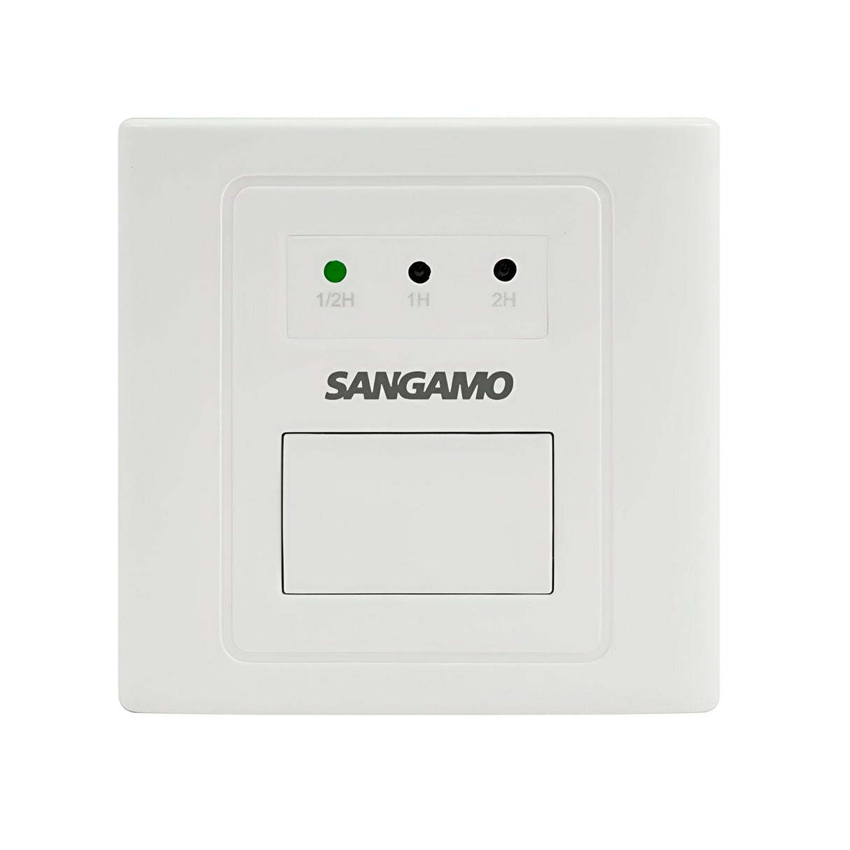 The Powersaver Boost Controller is a white wall switch bearing a Sangamo label, featuring LED indicators for time settings of 0.5/2 hours, 1 hour, and 2 hours. This square-shaped switch boasts a minimalist design and includes an automatic switch-off function for convenience and efficiency.