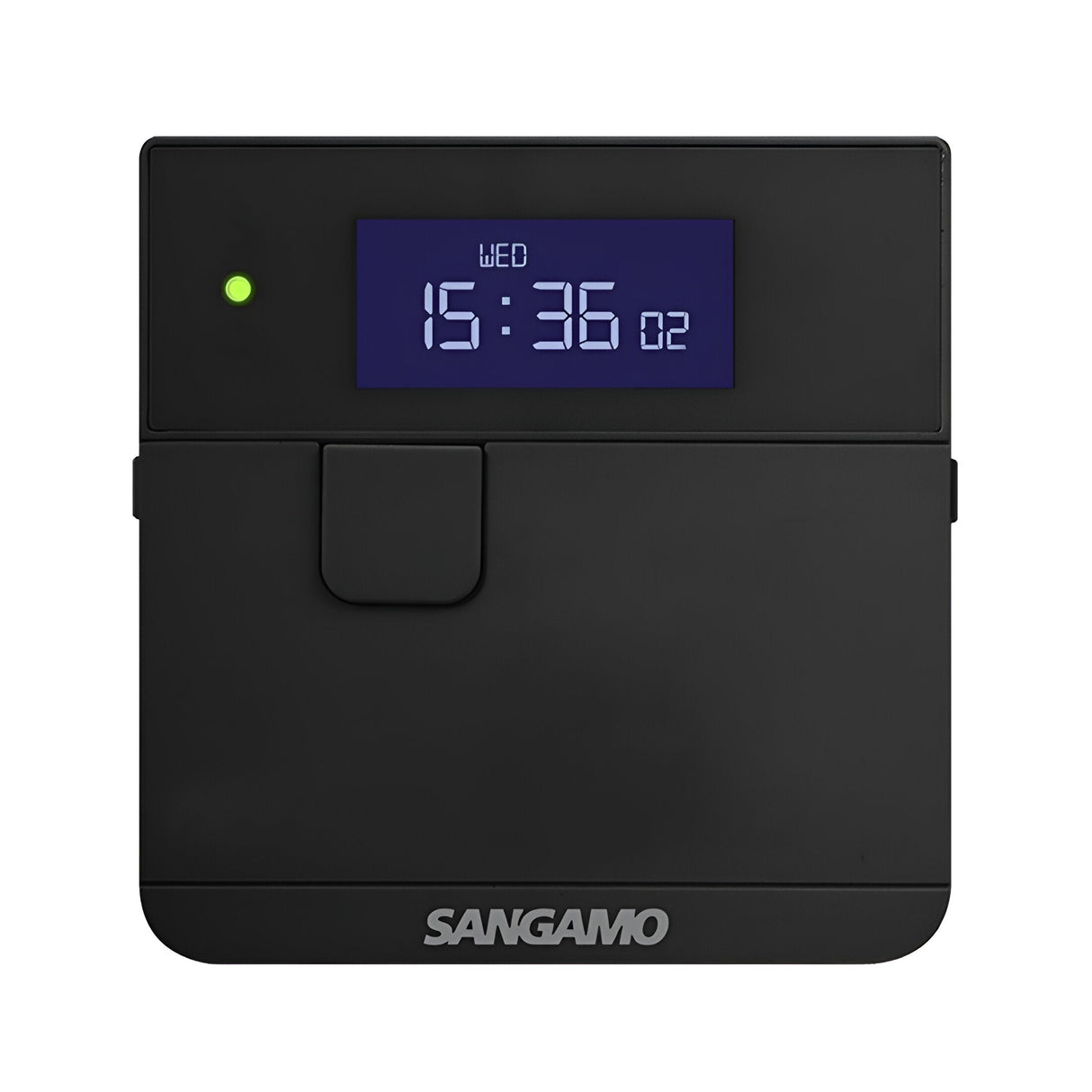 The Powersaver Plus Select Controller - Black has a blue display showing the time as 15:36 and the day as WED. It features a green indicator light on the left, with the brand name SANGAMO displayed at the bottom. With its built-in permanent memory reserve, it offers seamless operation with its 24-hour timer functionality.