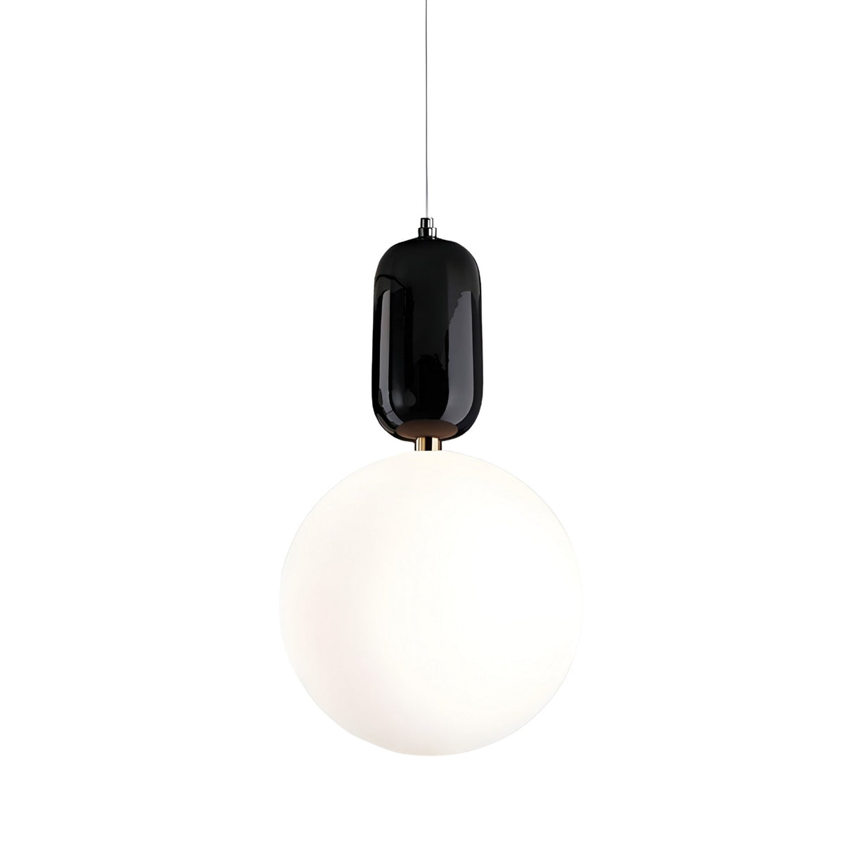 The Pallo Pendant Light - Black features a glossy black cylindrical top and a large, round frosted opal glass diffuser, suspended elegantly from a thin wire against a plain white background.