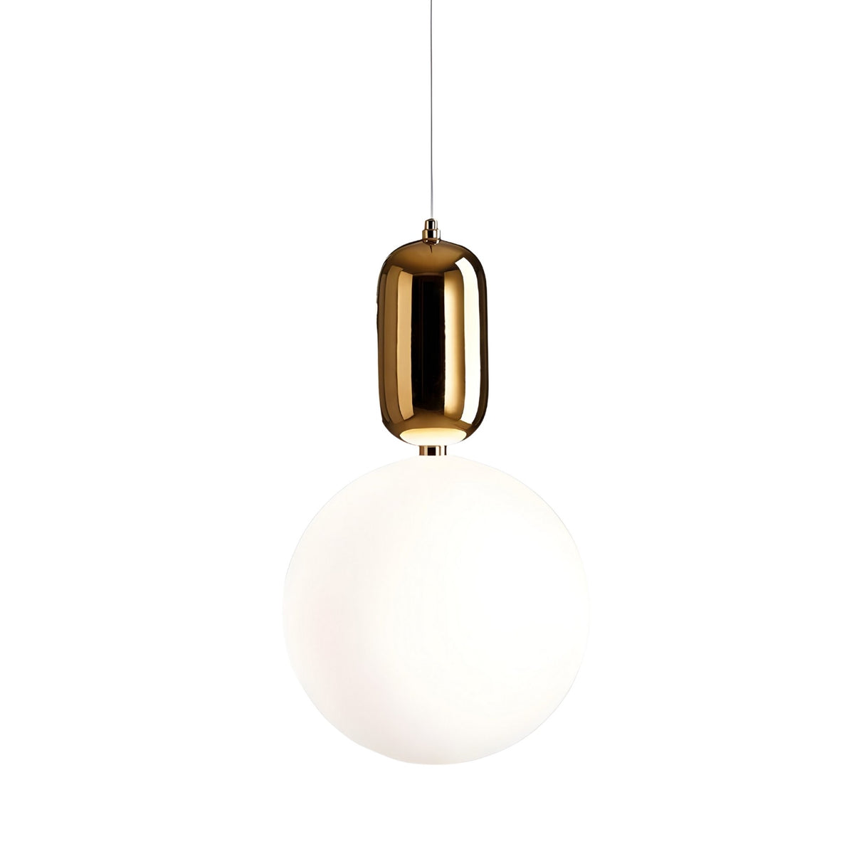 The Pallo Pendant Light - Gold features a glossy gold cylindrical fixture and a smooth, round opal glass diffuser, suspended by a thin cord against a simple background.