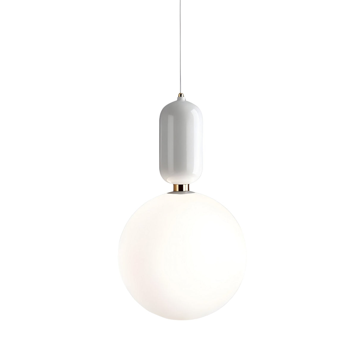 The Pallo Pendant Light - White showcases European minimalism with a sleek cylindrical white fixture and a large opal glass diffuser, suspended by a slim cord for a modern look.