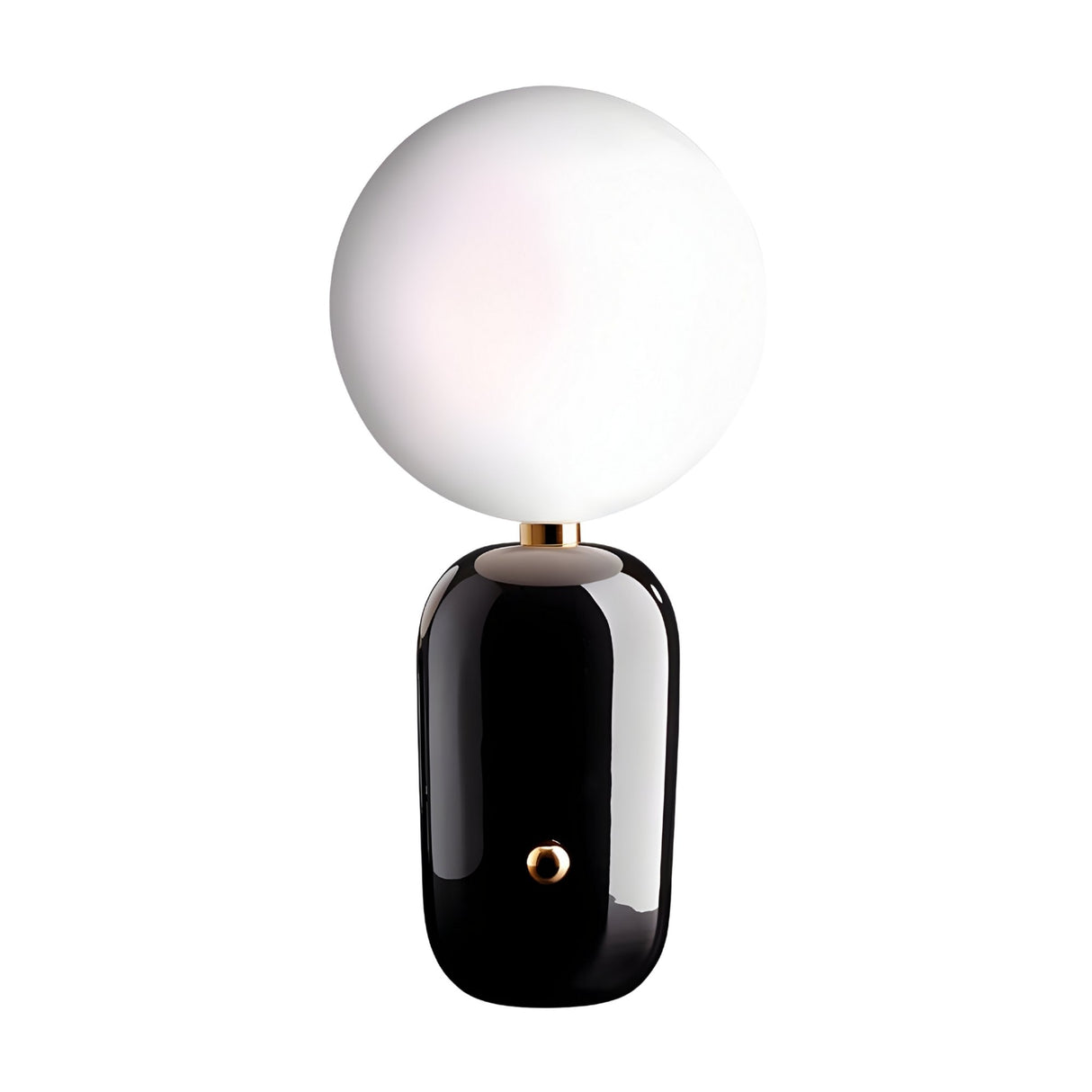 The Pallo Table Lamp - Black features a glossy black cylindrical base and a large round opal glass diffuser, displayed against a plain white background.