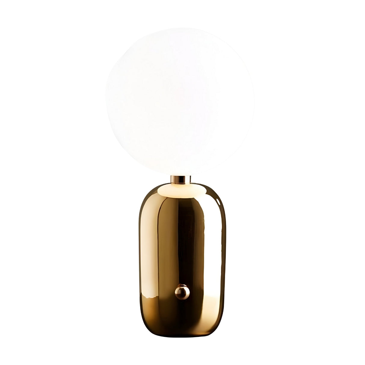 Niori Pallo 14cm table lamp with a polished gold capsule base, side pull-switch, and opal glass globe shade, shown against a plain white background.