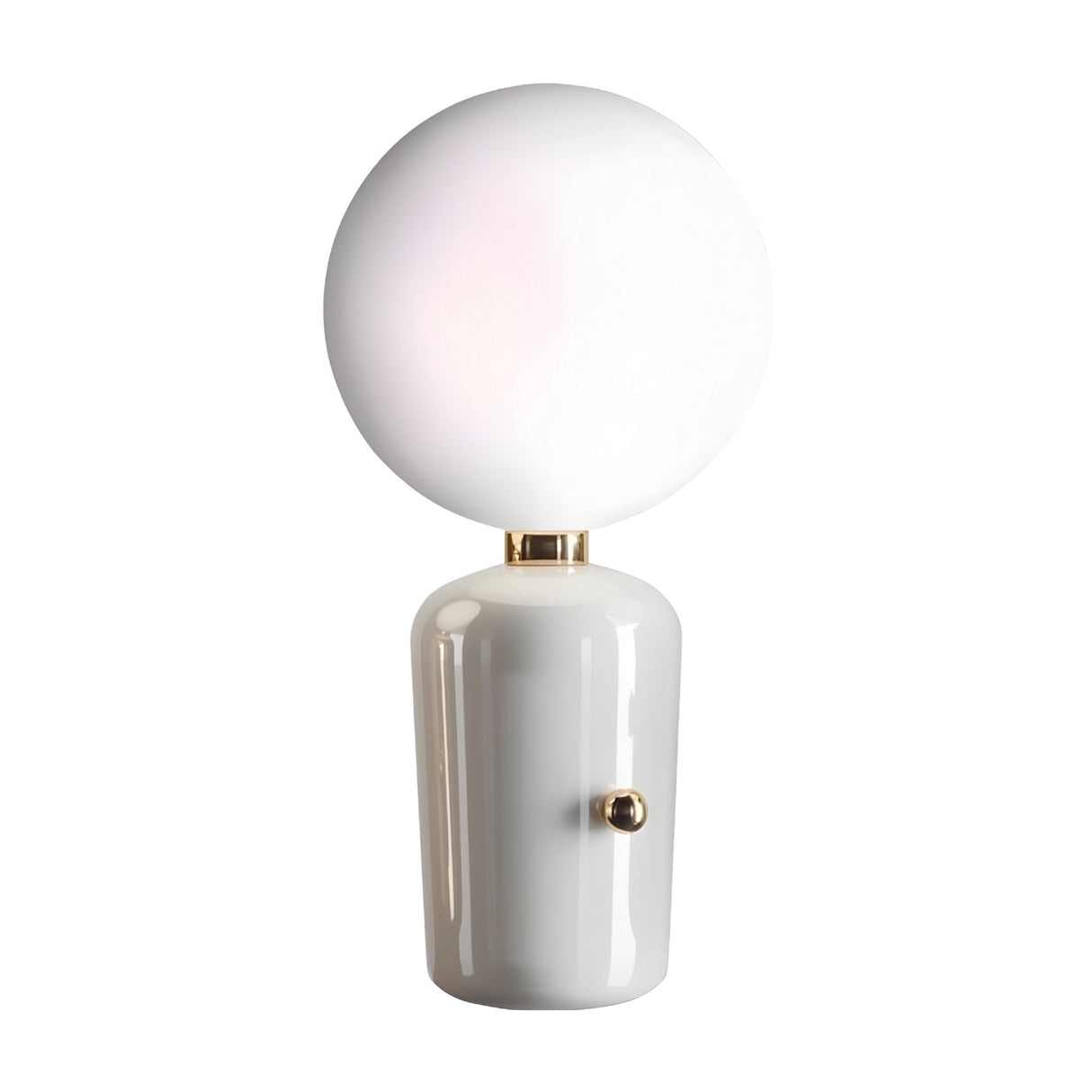 The Pallo Table Lamp - White features a round opal glass diffuser on a glossy cylindrical white base with a small gold knob, offering a minimalist, contemporary design.