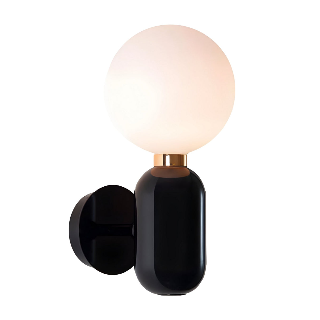 The Pallo Wall Light - Black features a sleek black cylindrical base and a round opal glass diffuser, mounted on a modern black bracket for European-inspired style.